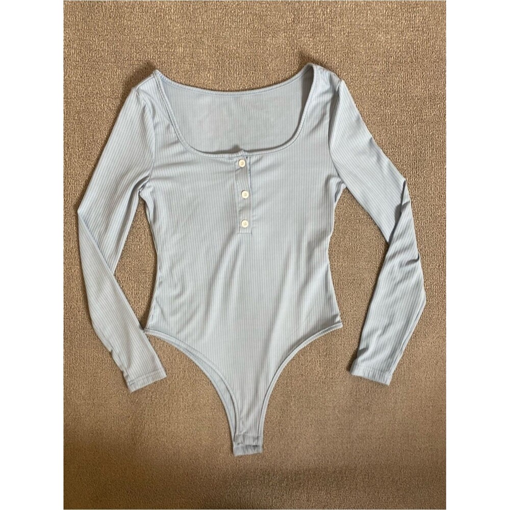 SHEIN Light Blue Ribbed Long Sleeve Henley Bodysuit- Casual Daily Wear